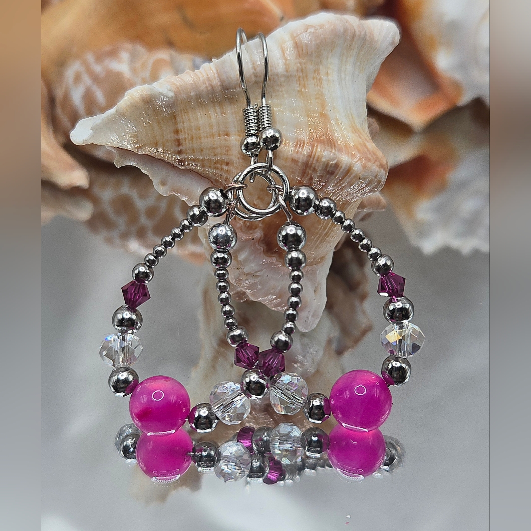 Elegant Handmade Stainless Steel Pink Striped A And S Beaded Earrings